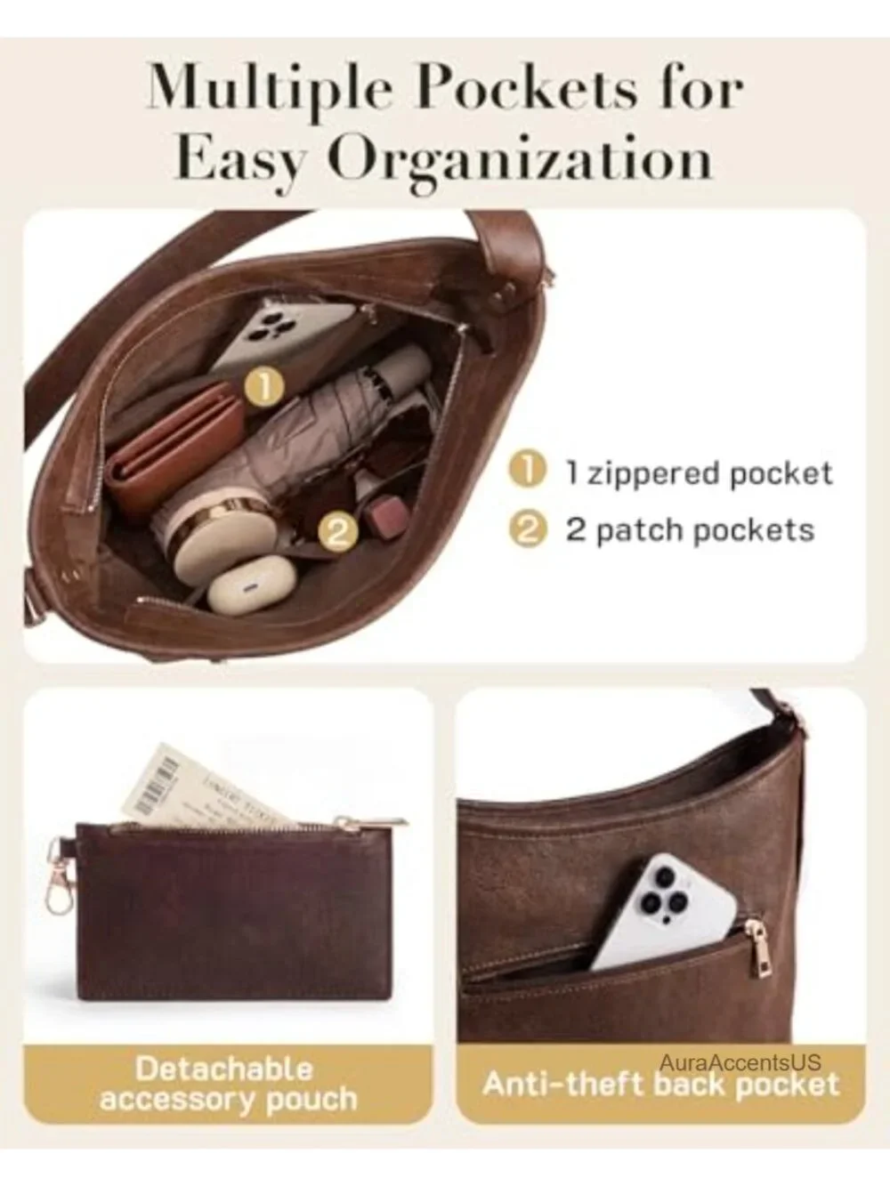 PU Leather Hobo Bag Women Multi-Pocket Crossbody Shoulder Tote Purse with